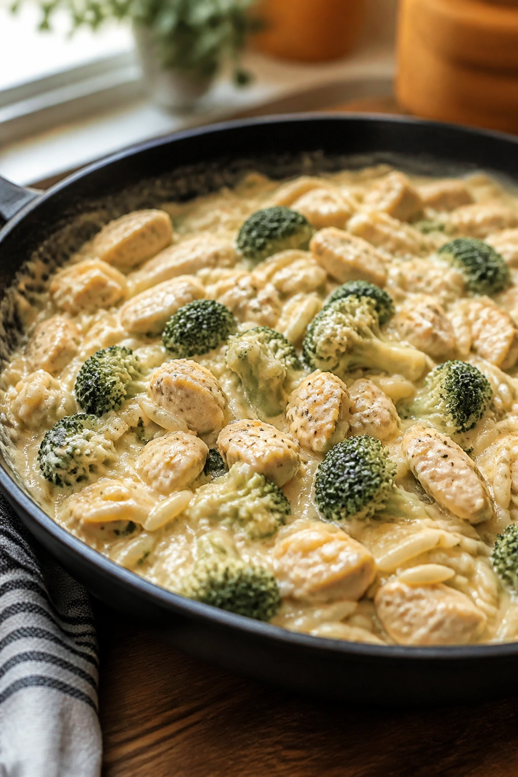 Creamy chicken and broccoli orzo in a skillet with broccoli florets