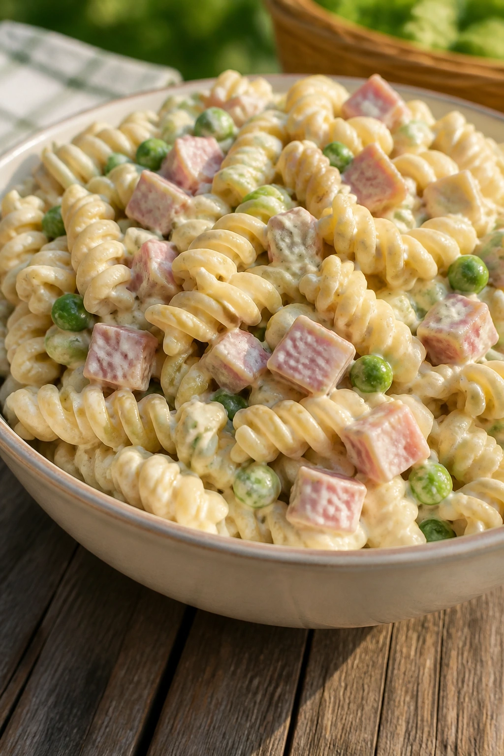 Close-up of creamy pasta salad with peas and ham in a bowl