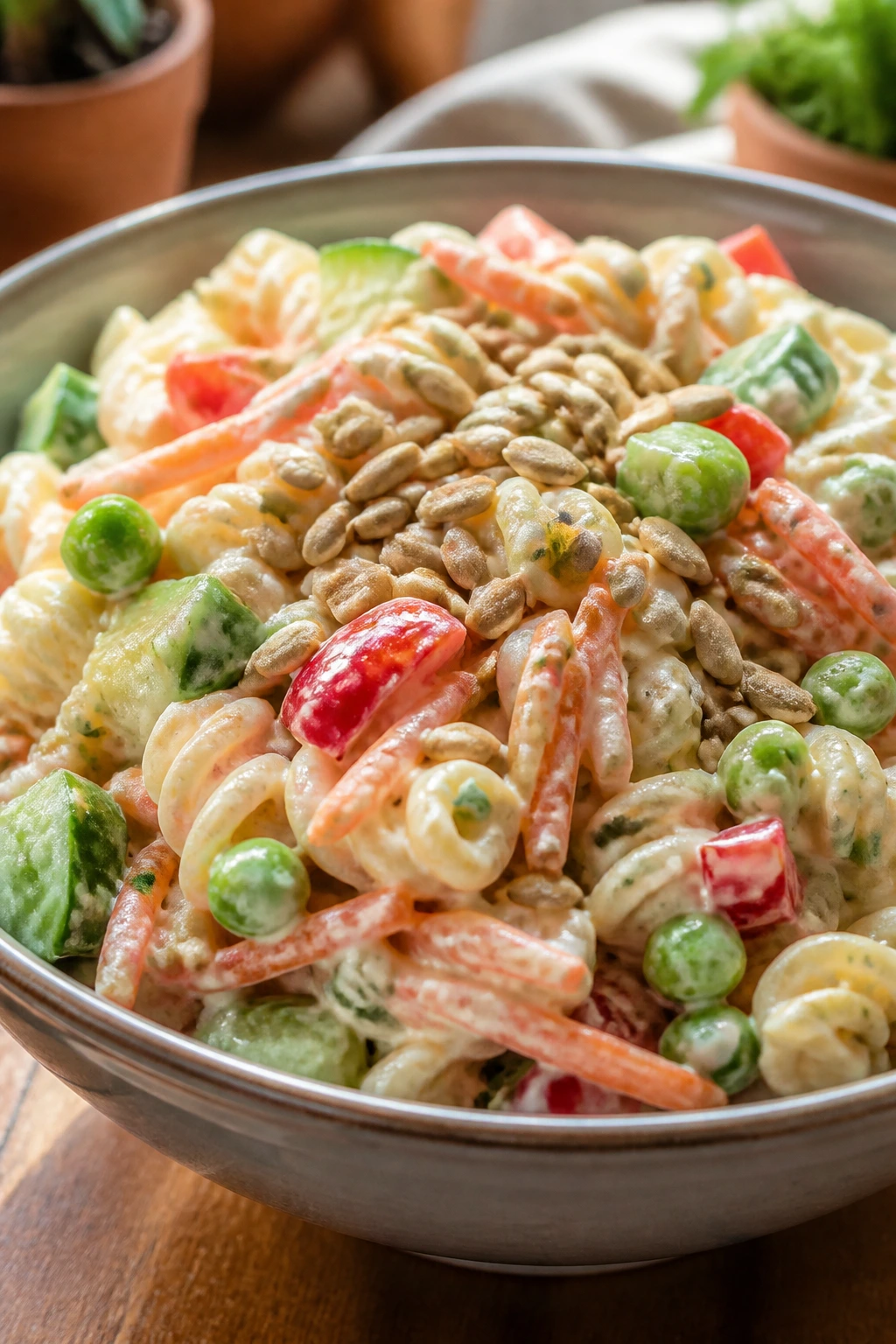Close-up of creamy veggie pasta salad with sunflowers seeds on a kitchen counter