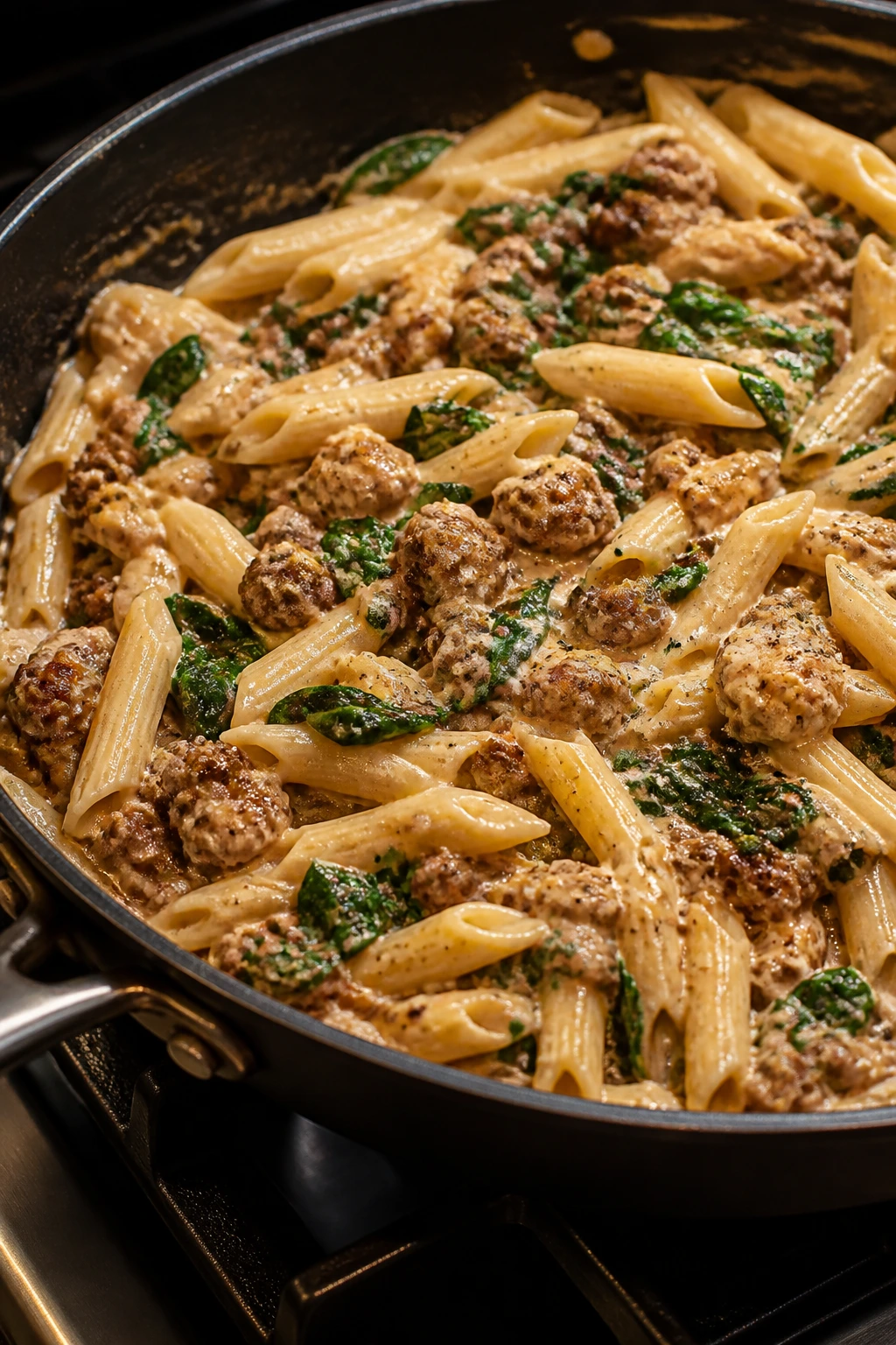 Creamy beef and sausage pasta in skillet with spinach.