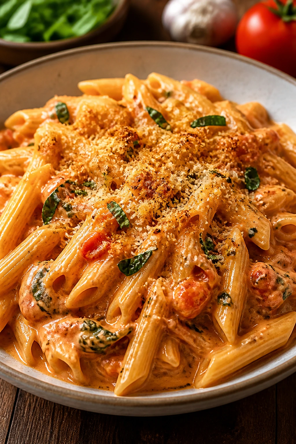 Creamy tomato basil pasta in a bowl with garlic breadcrumbs on a wooden table.