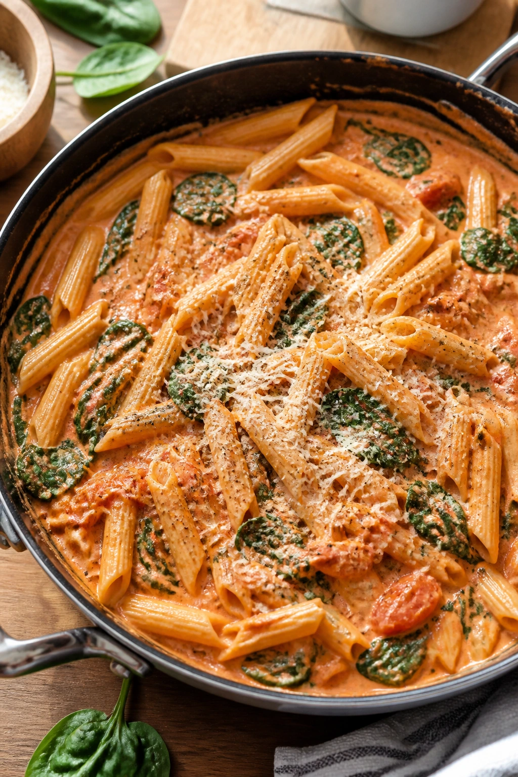 Creamy tomato spinach pasta in a skillet