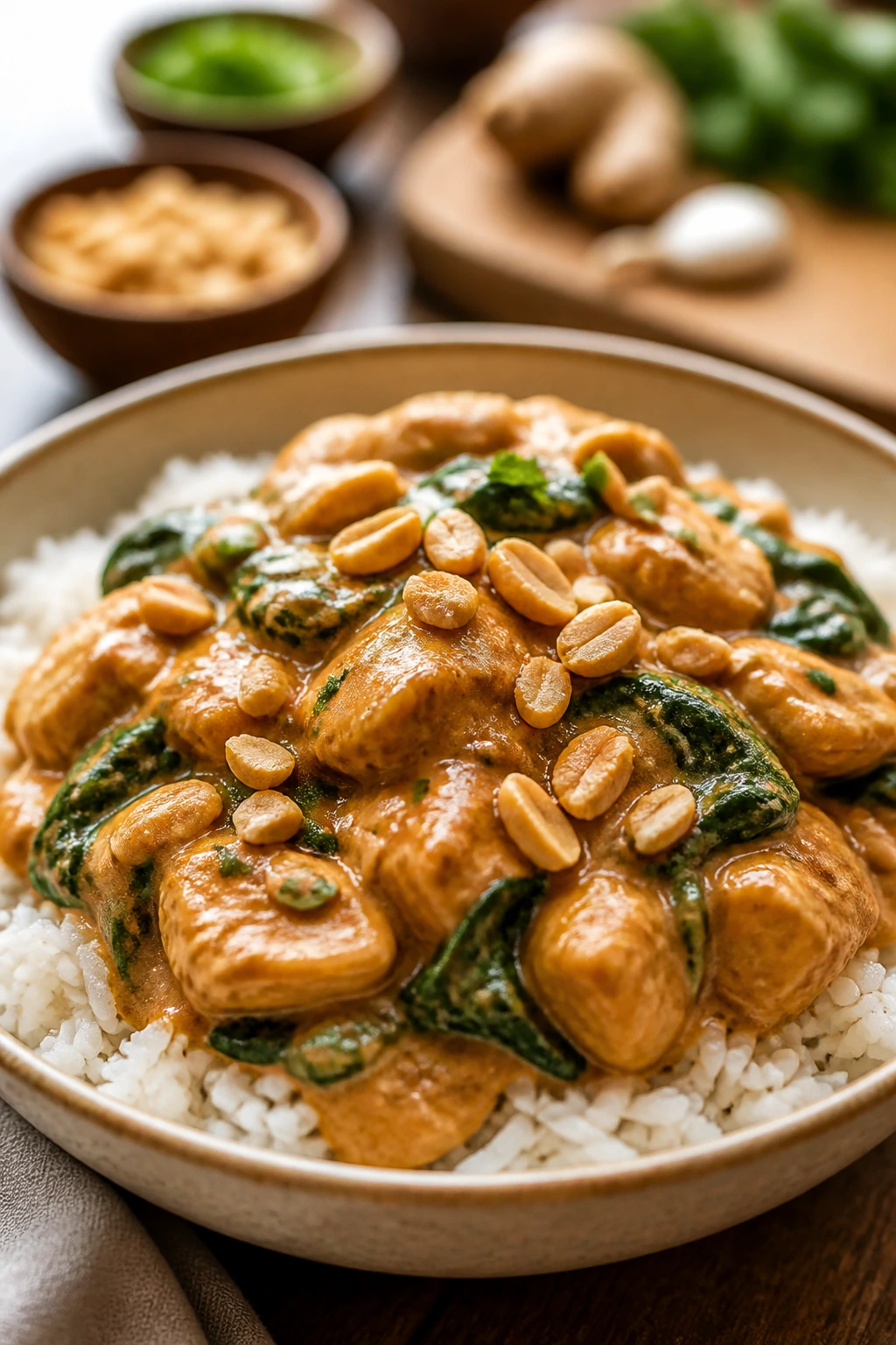 Close-up of creamy peanut chicken over rice with peanuts in a cozy kitchen