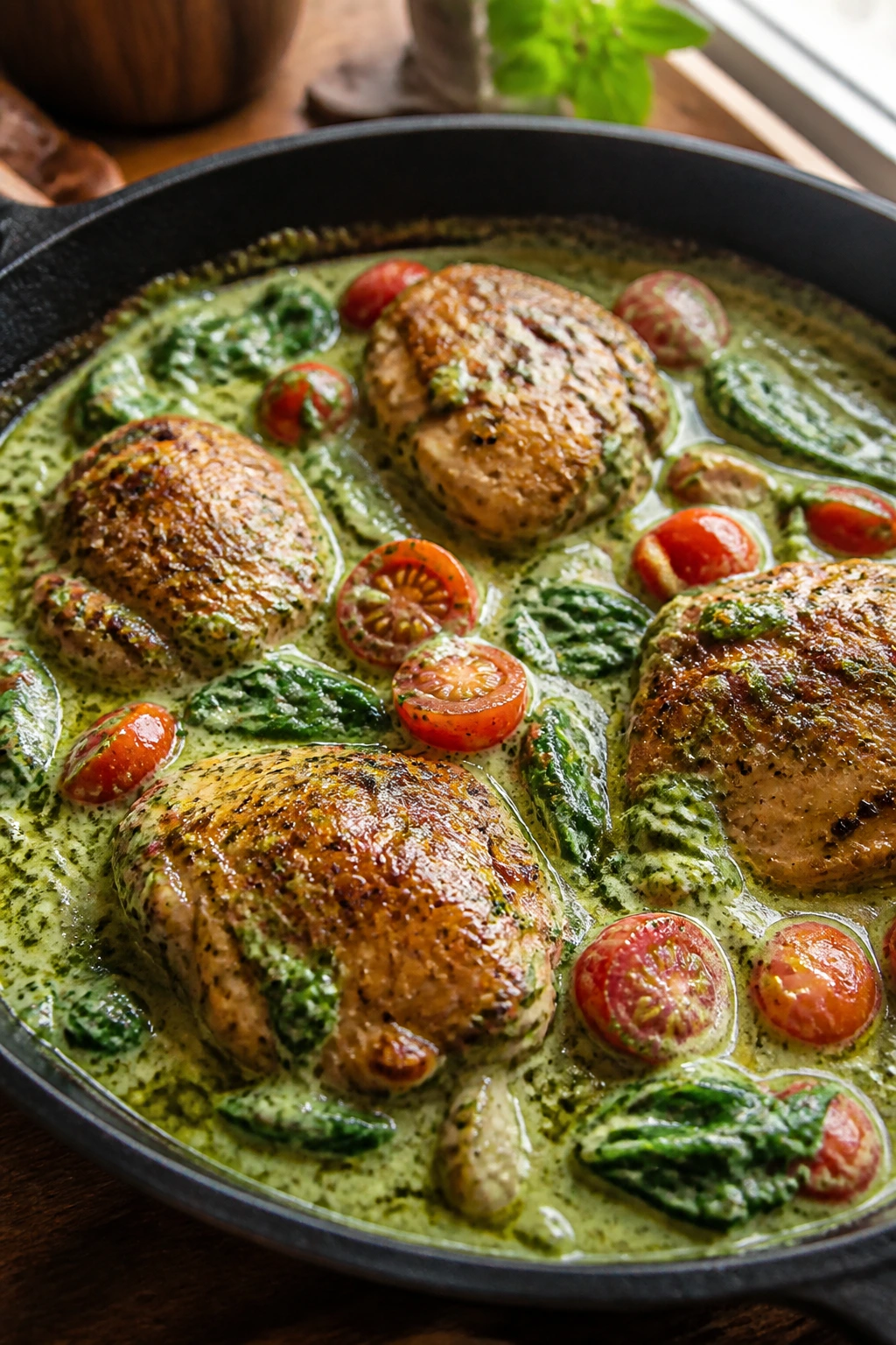 Close-up of creamy pesto chicken with spinach and tomatoes in a skillet