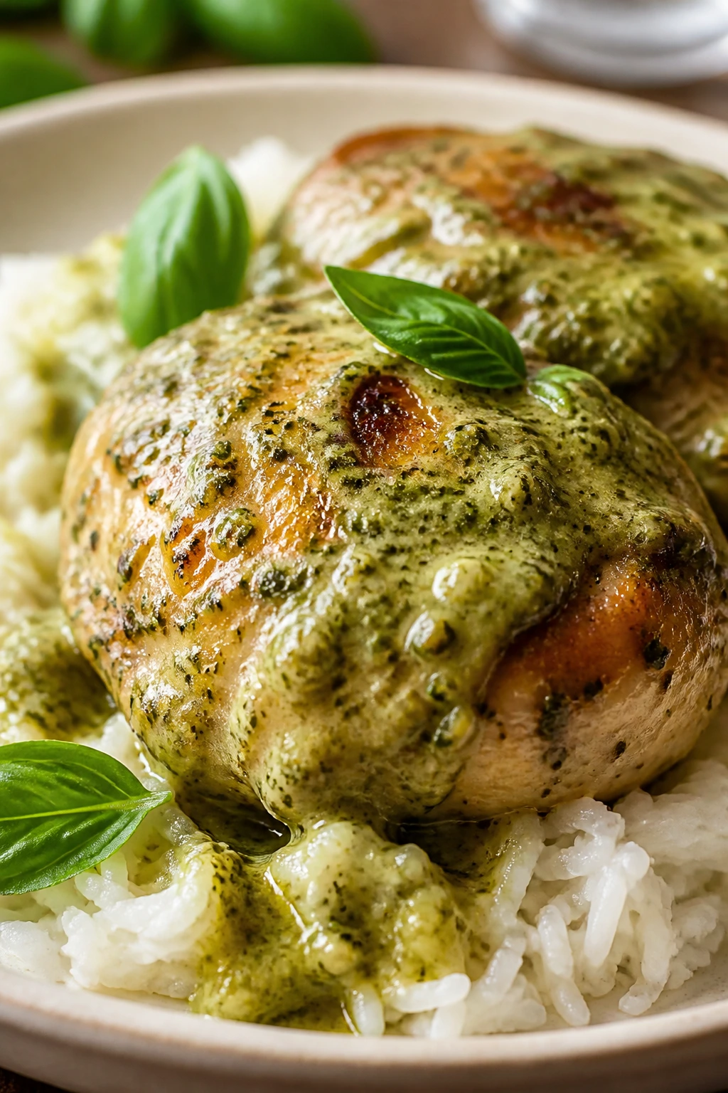 Plated Creamy Basil Pesto Chicken with rice and glossy sauce