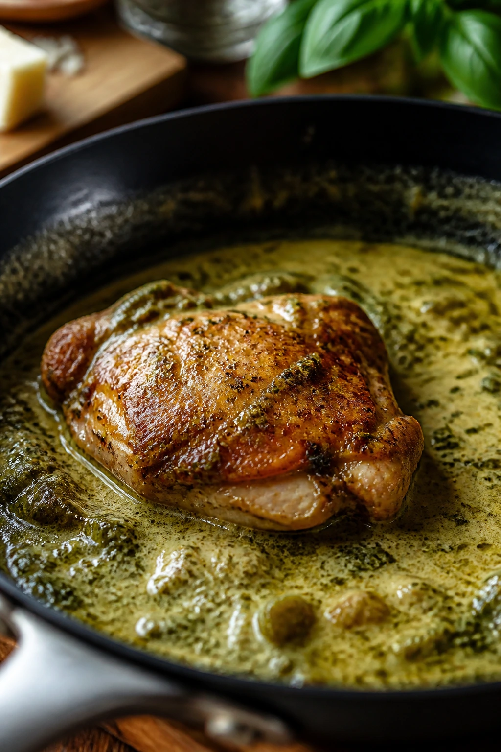 Close-up of a chicken thigh in creamy pesto sauce in a skillet