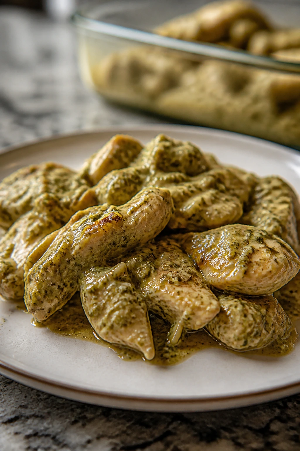 Leftover creamy pesto chicken on a plate with sauce
