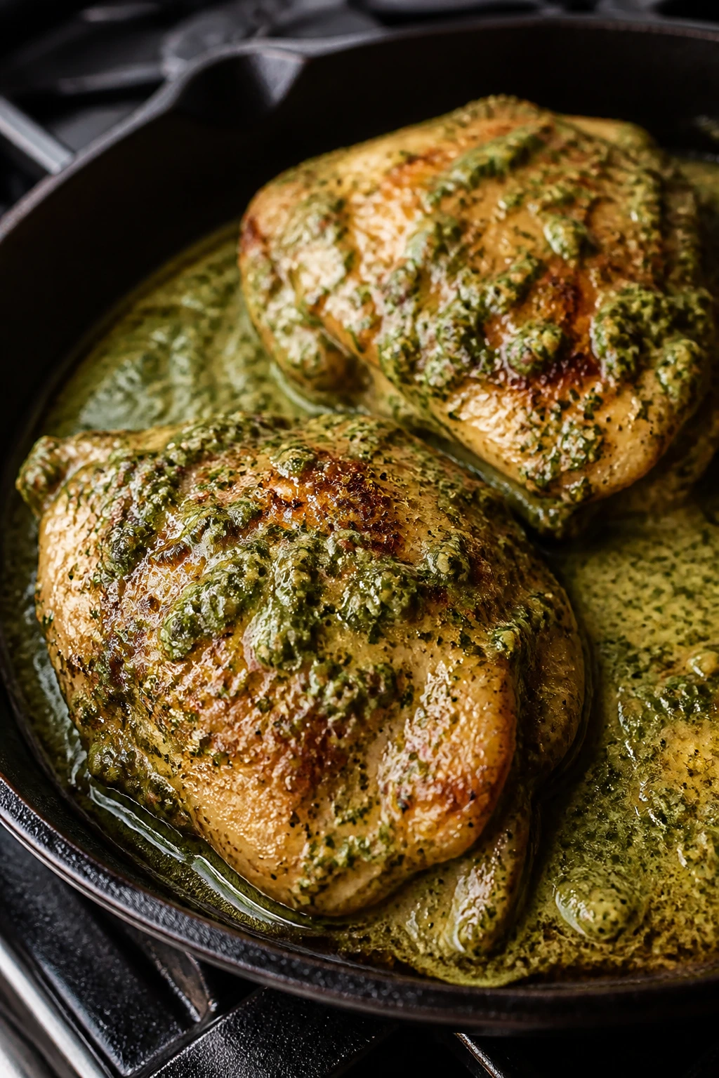 Close-up of creamy basil pesto chicken thighs in a skillet with glossy sauce clinging to the meat