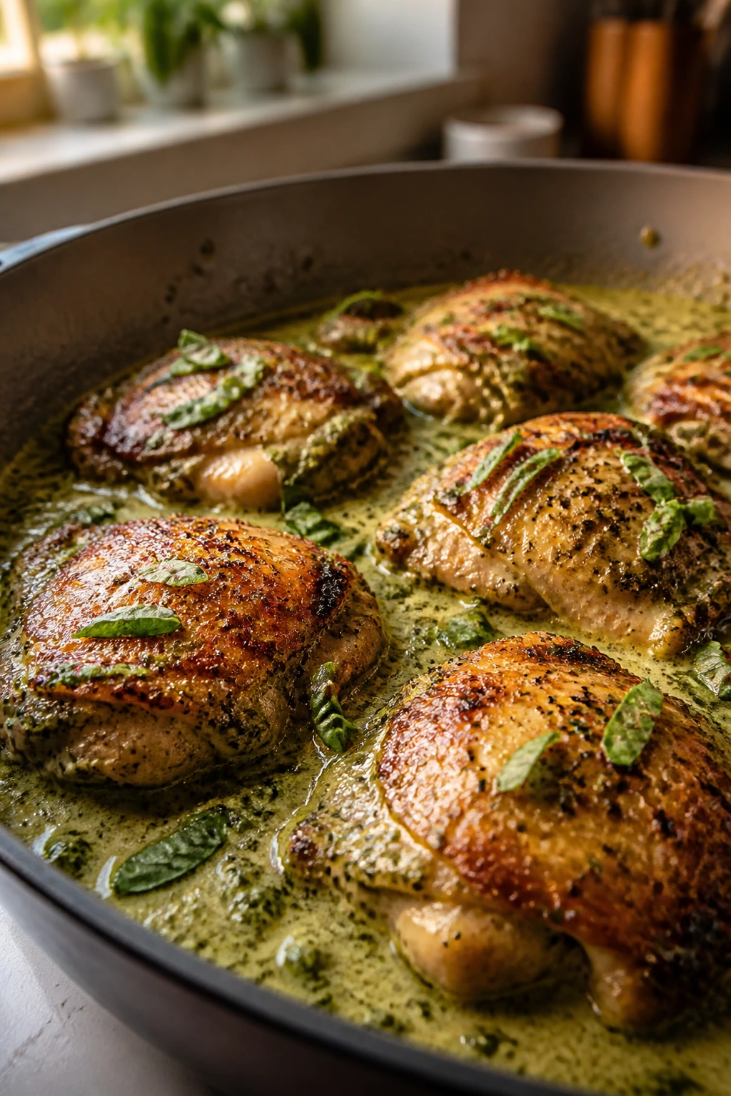 Close-up of browned chicken thighs in creamy pesto sauce in a skillet