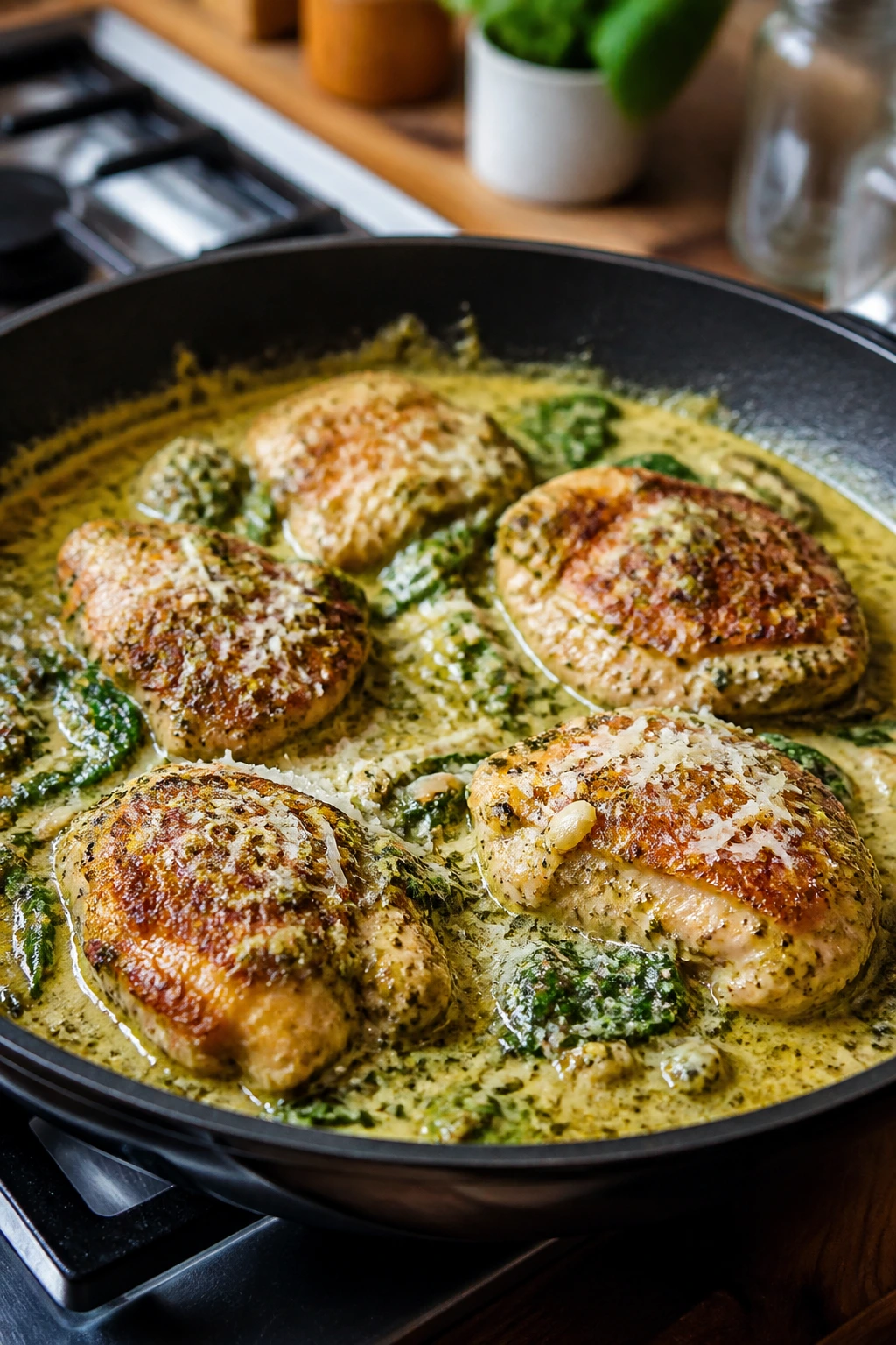 Close-up of creamy pesto chicken thighs in skillet with spinach and Parmesan