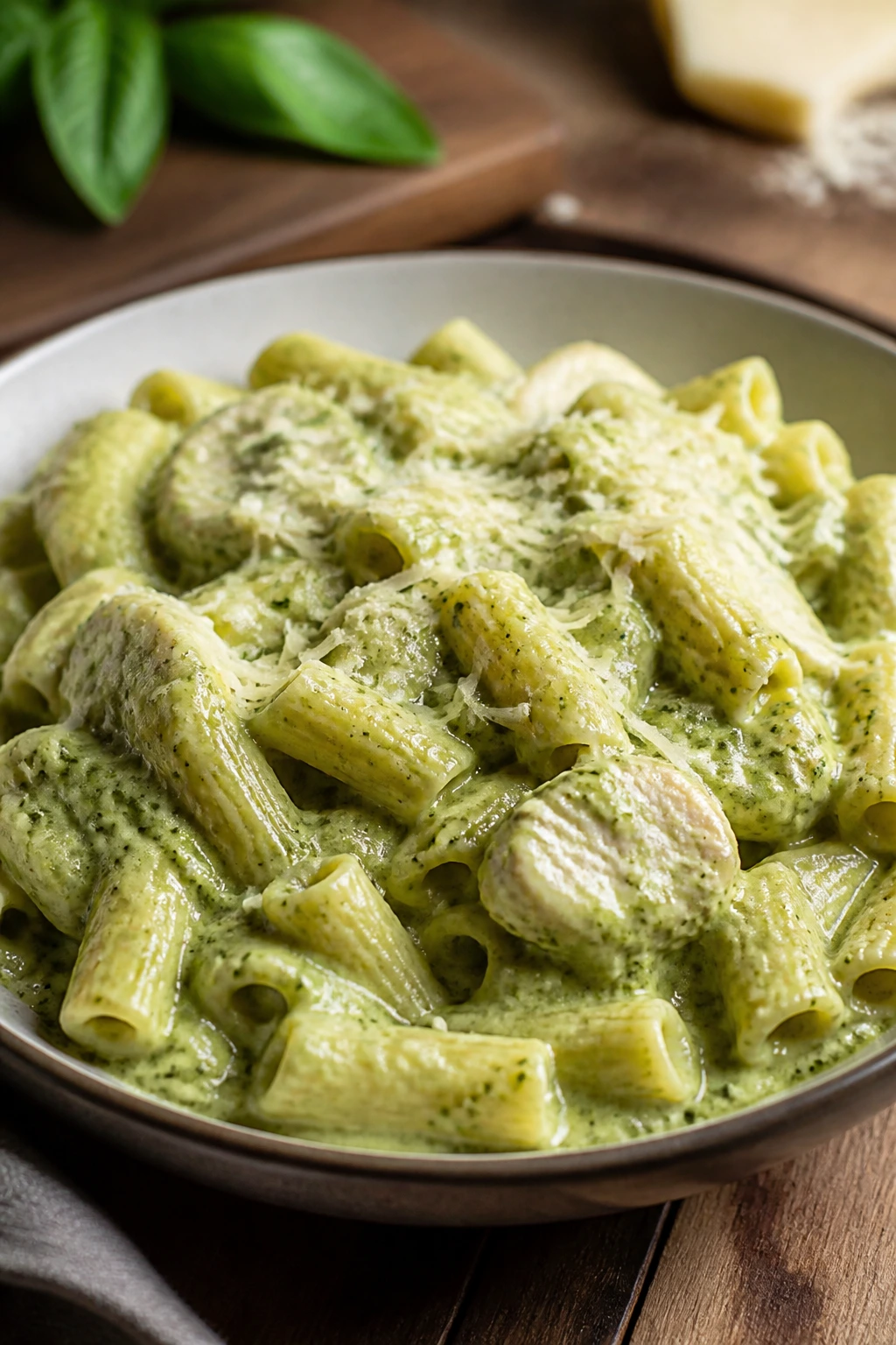 Creamy pesto pasta with parmesan on a plate