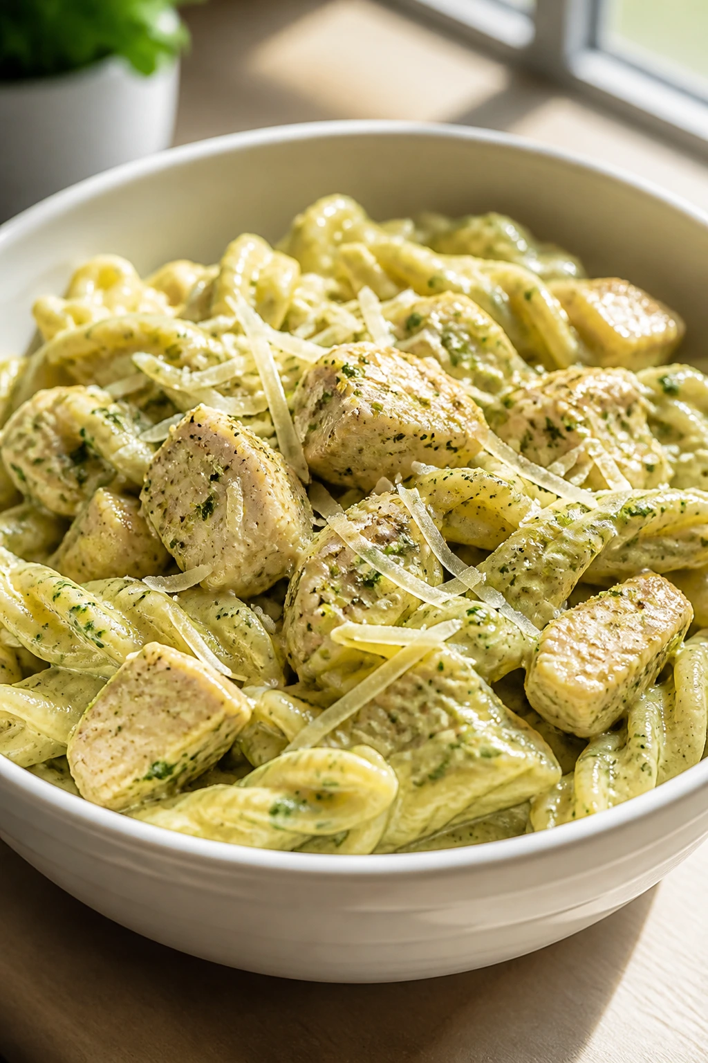 Close-up of Creamy Pesto Pasta with Chicken in a bowl