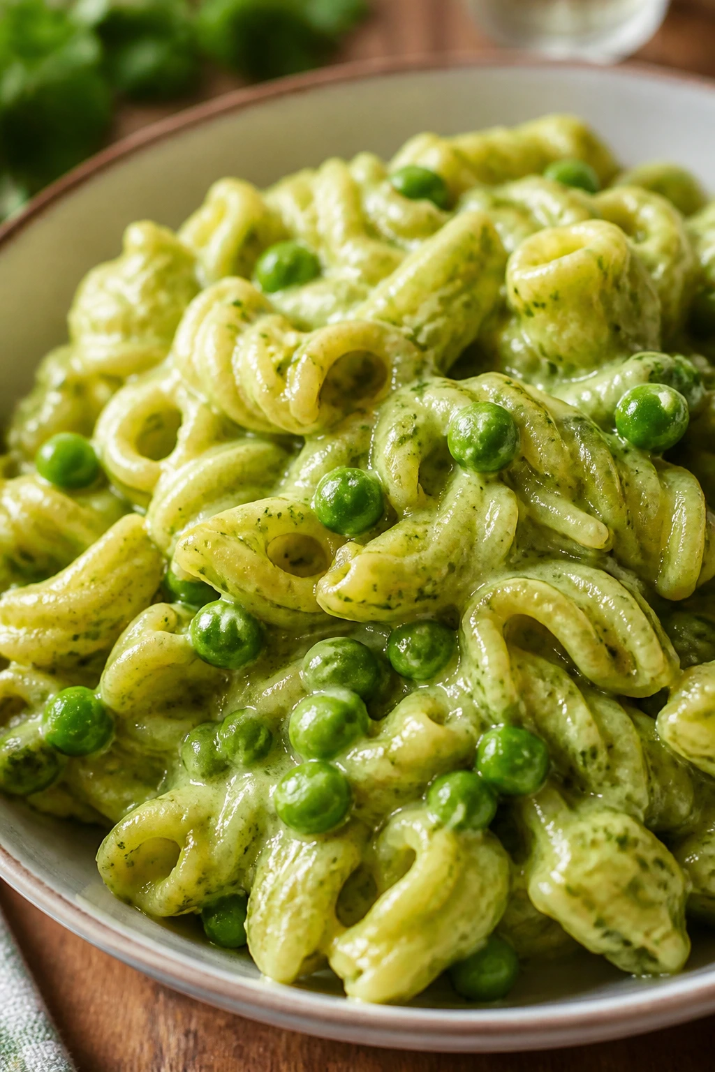 Creamy pesto pea pasta in a bowl with peas