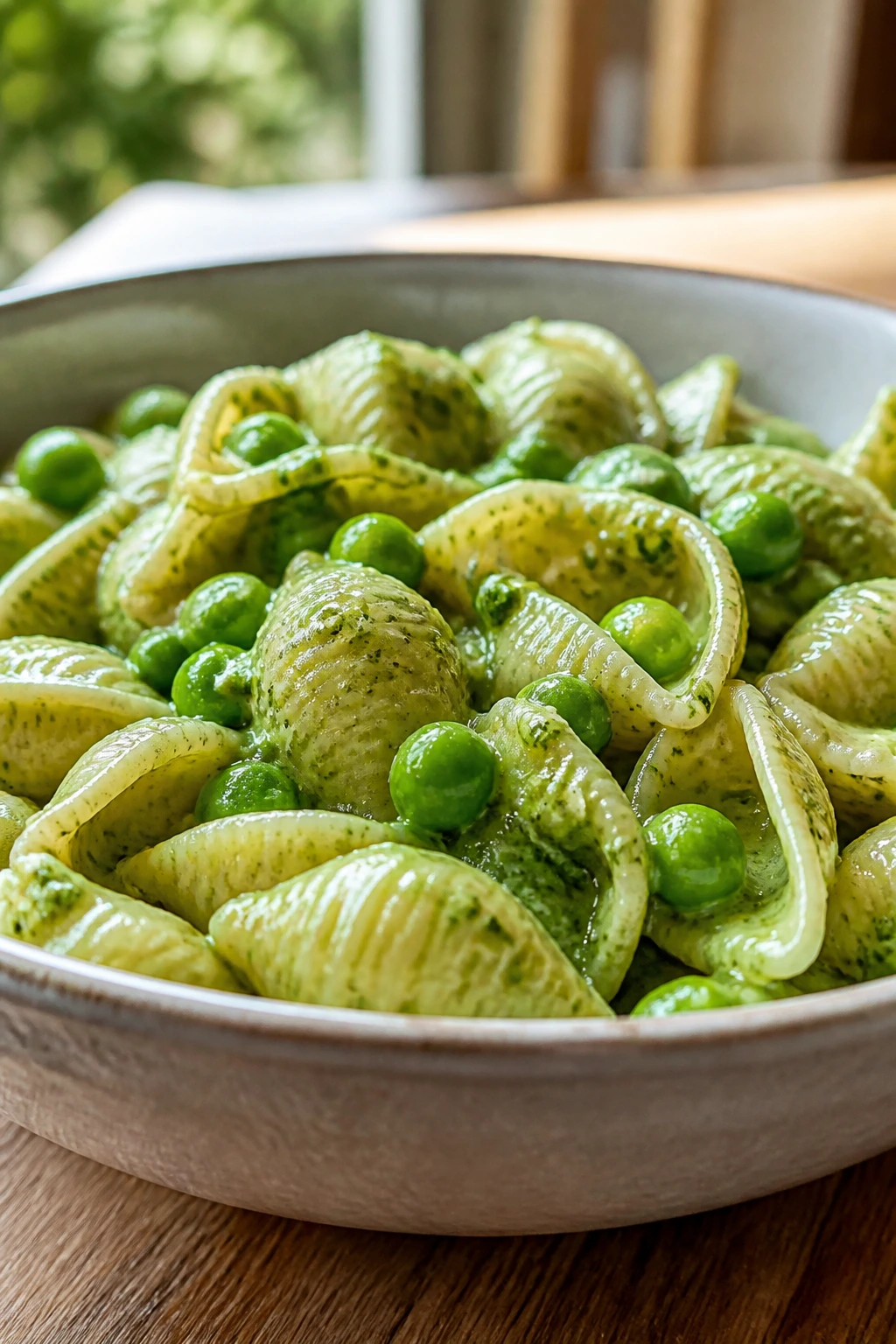 Close-up of creamy pesto pasta with peas in a bowl with glossy sauce