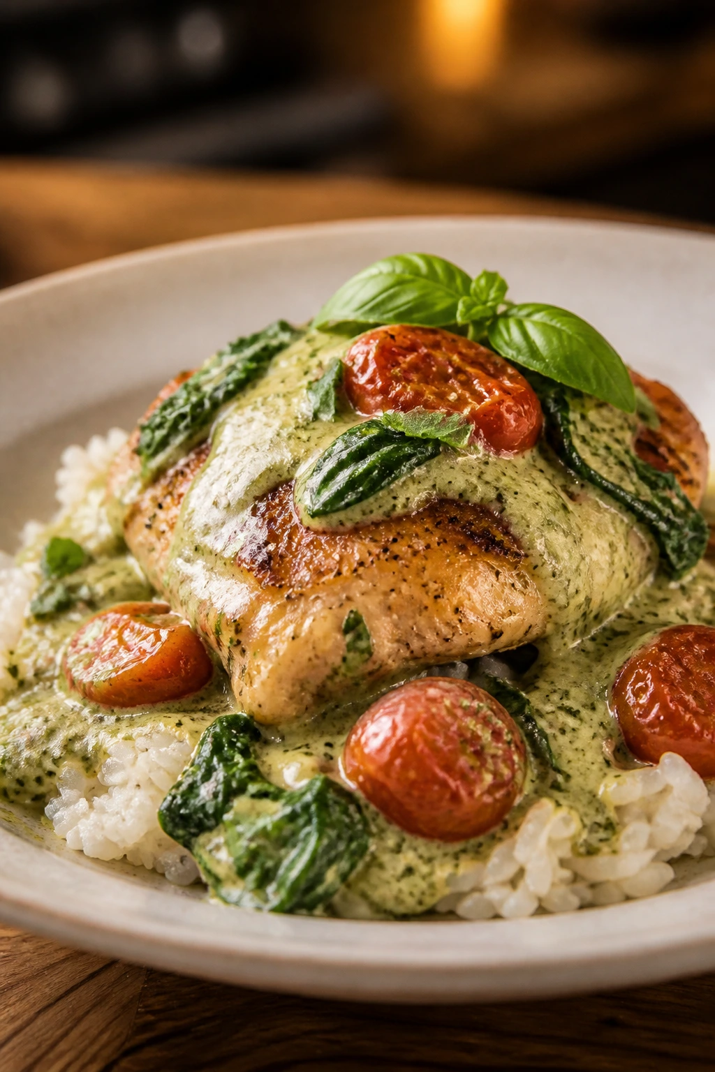 Plated creamy pesto chicken with rice and draped sauce