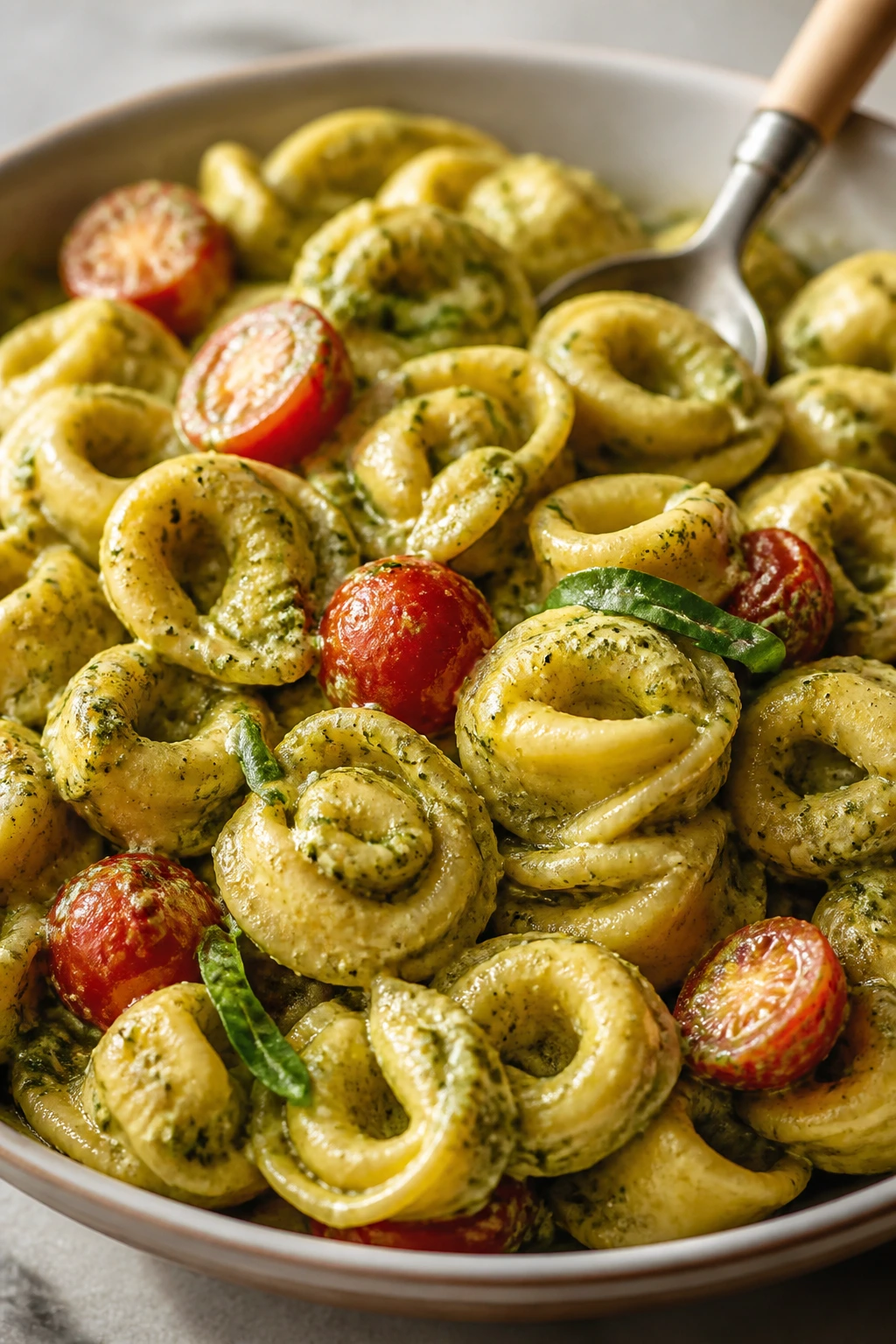 Creamy pesto tortellini with cherry tomatoes in a bowl