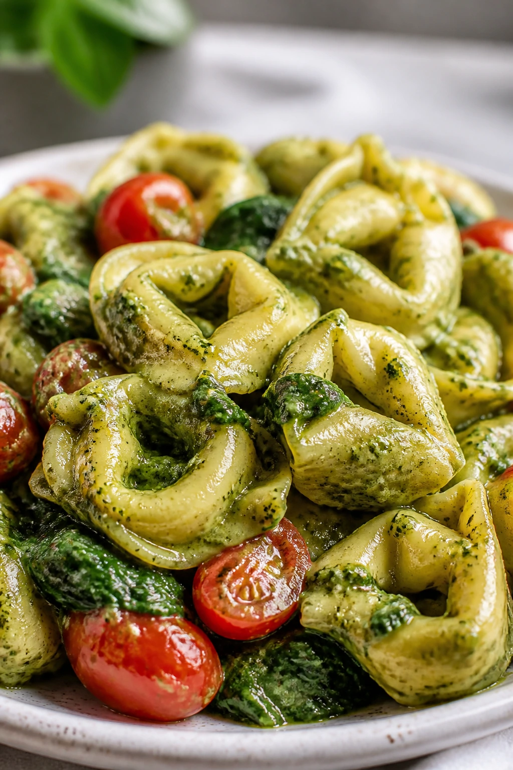 Close-up of creamy pesto tortellini with spinach and tomatoes on plate