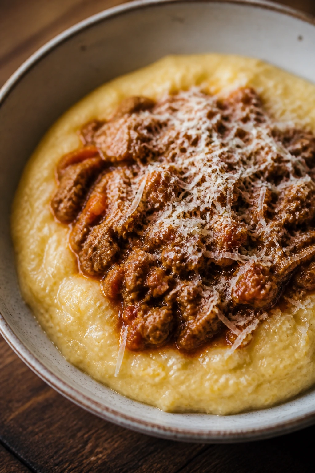Close-up of creamy polenta with meat sauce in a bowl