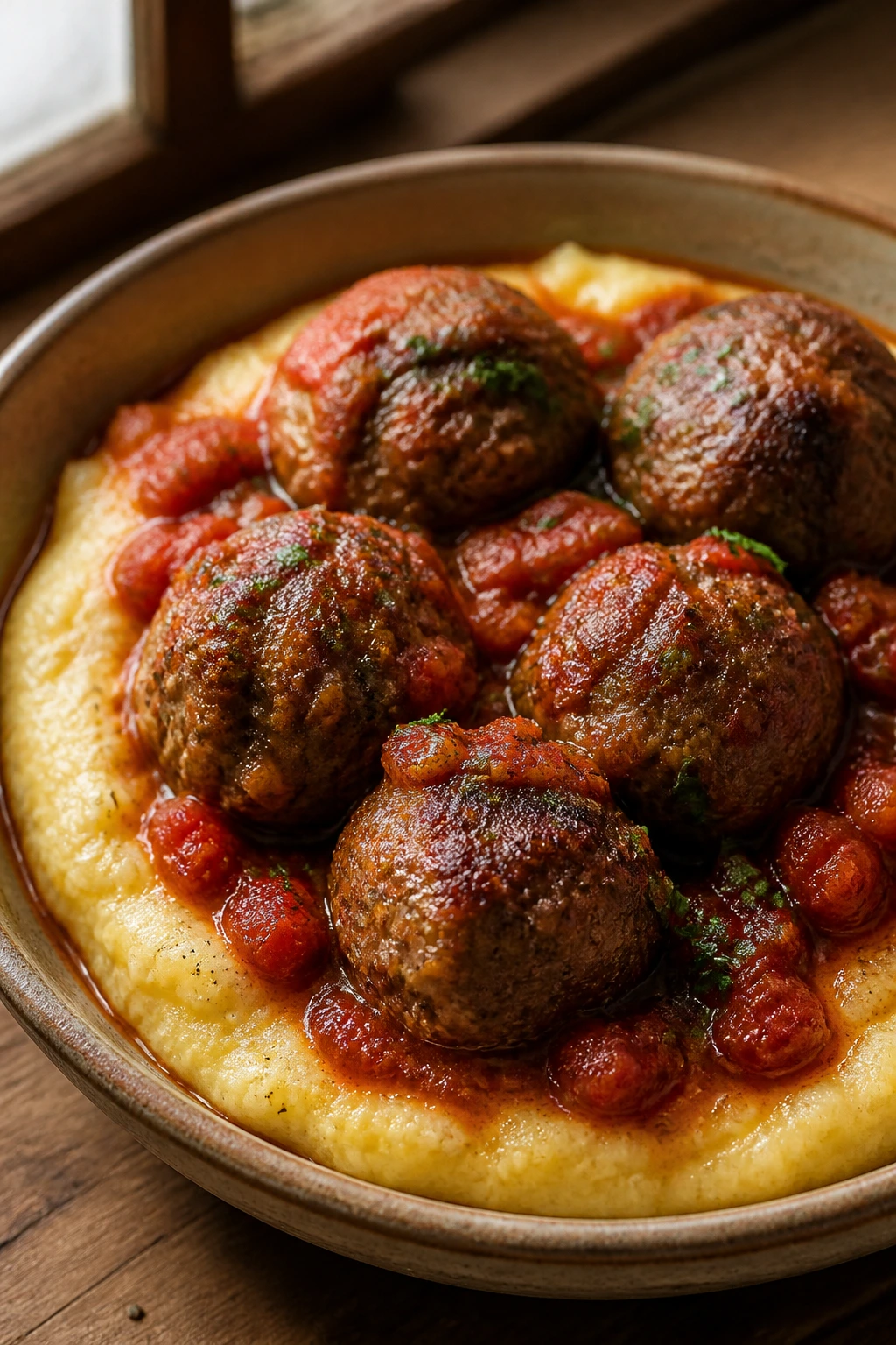 Close-up of meatballs on creamy polenta with tomato sauce