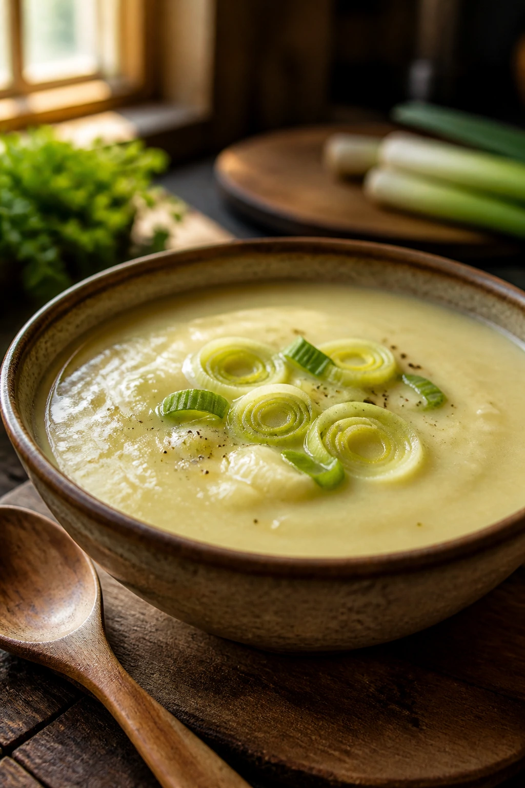 Creamy potato leek soup with leek slices on top