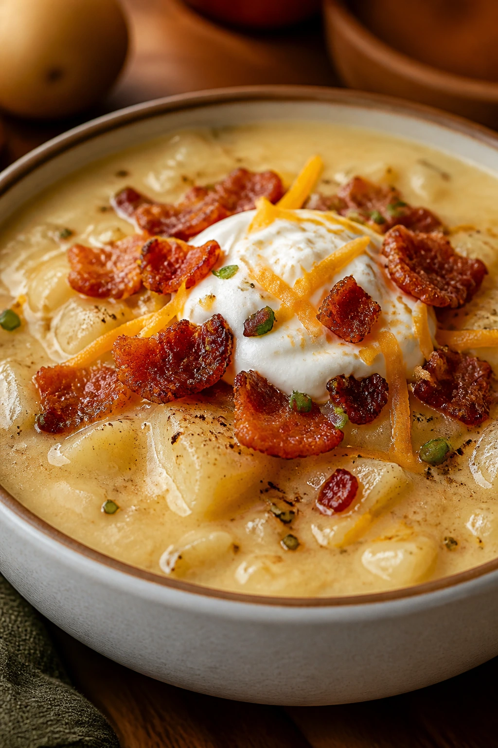 Close-up of creamy potato soup with bacon, cheddar, and sour cream