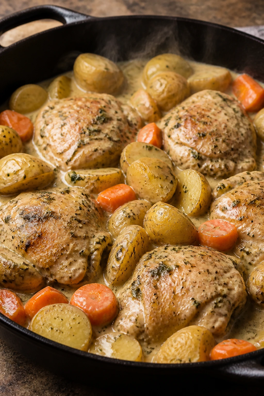 Creamy ranch chicken with potatoes in a skillet