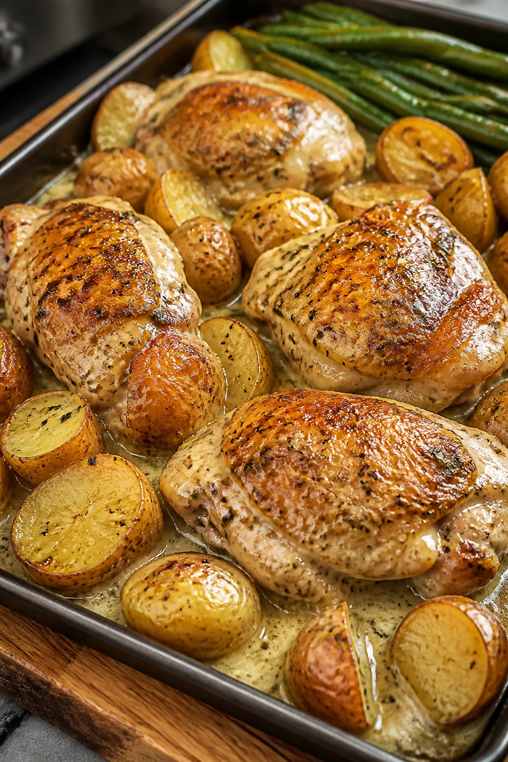 Close-up of creamy ranch chicken and potatoes on a sheet-pan dinner.