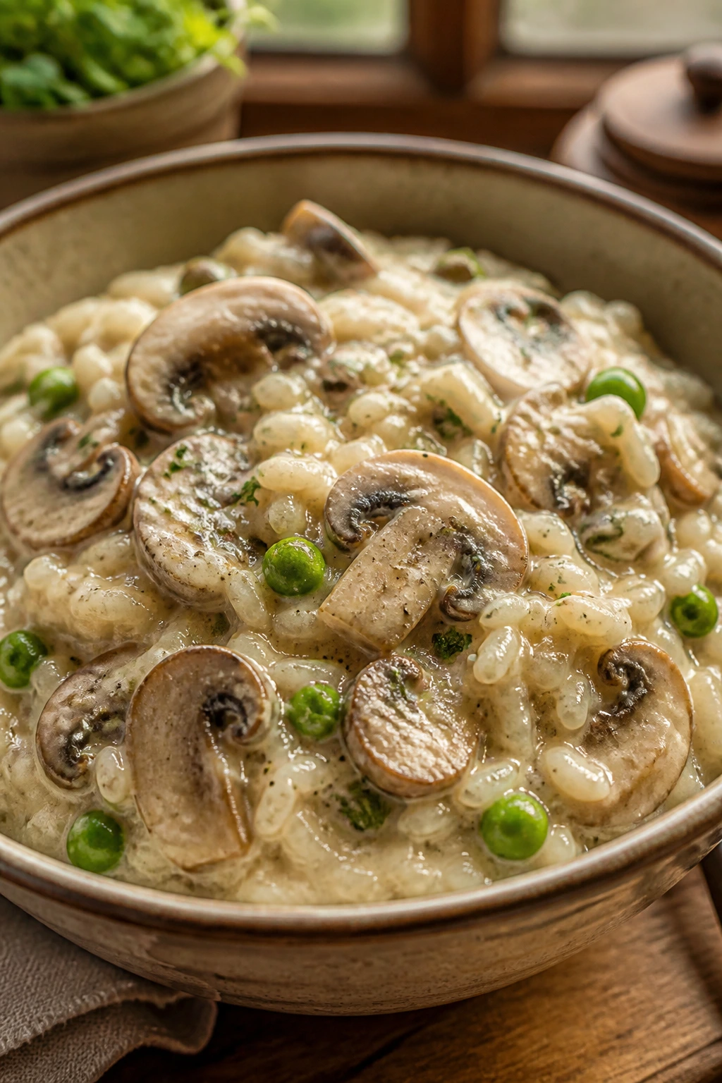 Close-up of creamy mushroom rice in a rustic bowl with mushrooms and peas