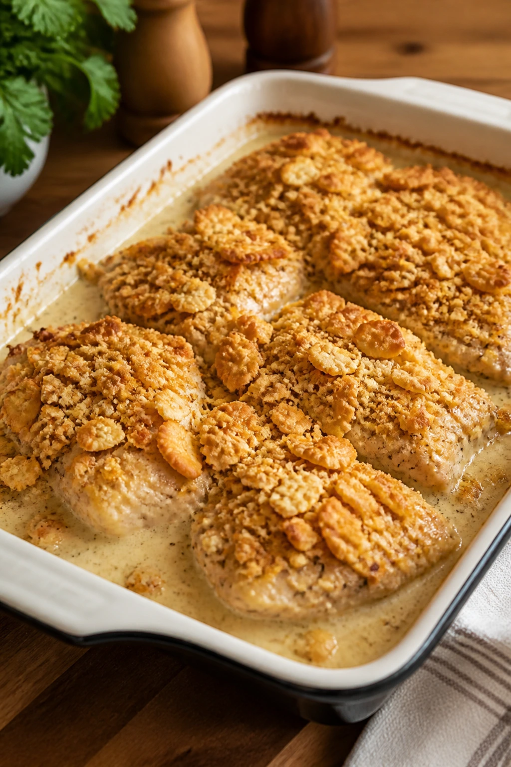 Creamy Chicken Ritz casserole in baking dish with sauce visible