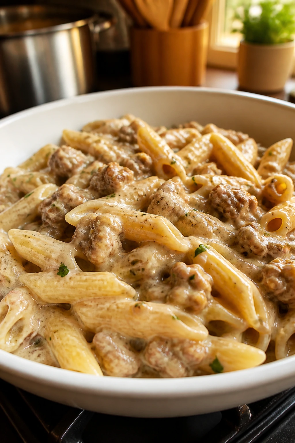 Creamy sausage pasta in a bowl with creamy sauce and sausage crumbles