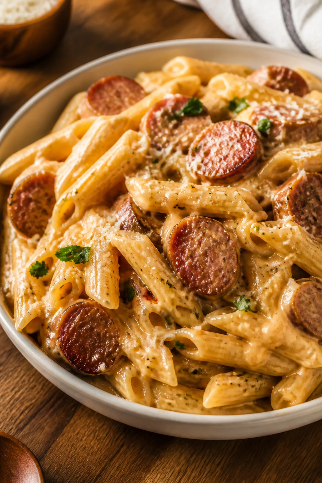 Creamy sausage pasta on a plate with sausage slices and Parmesan