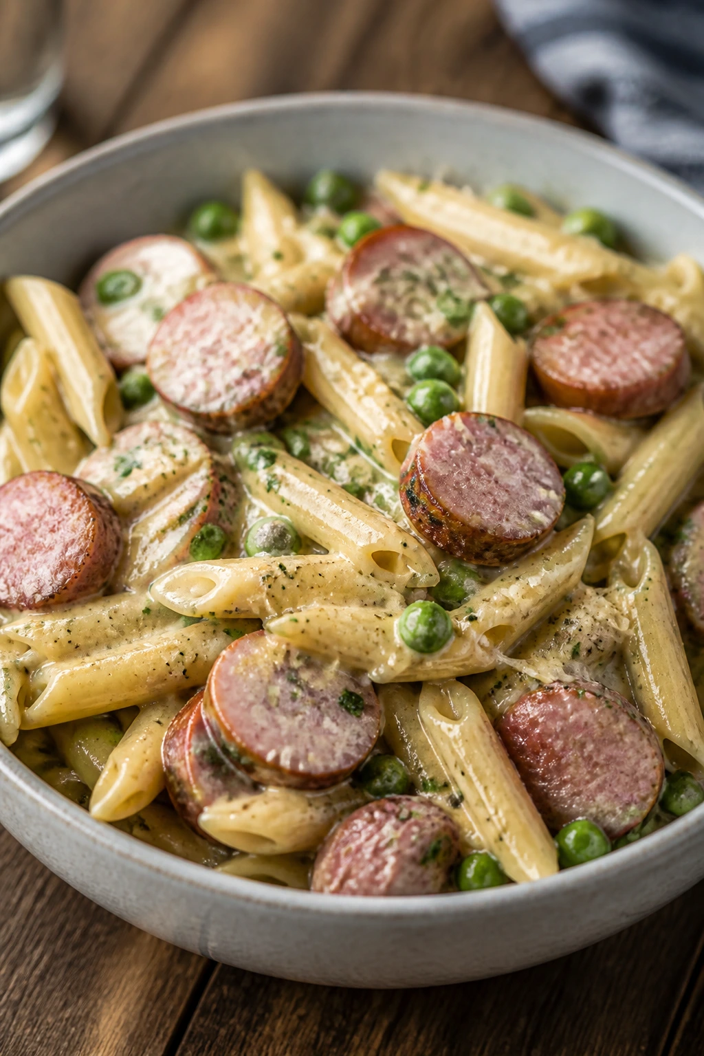 Creamy smoked sausage pasta with peas in a glossy sauce.