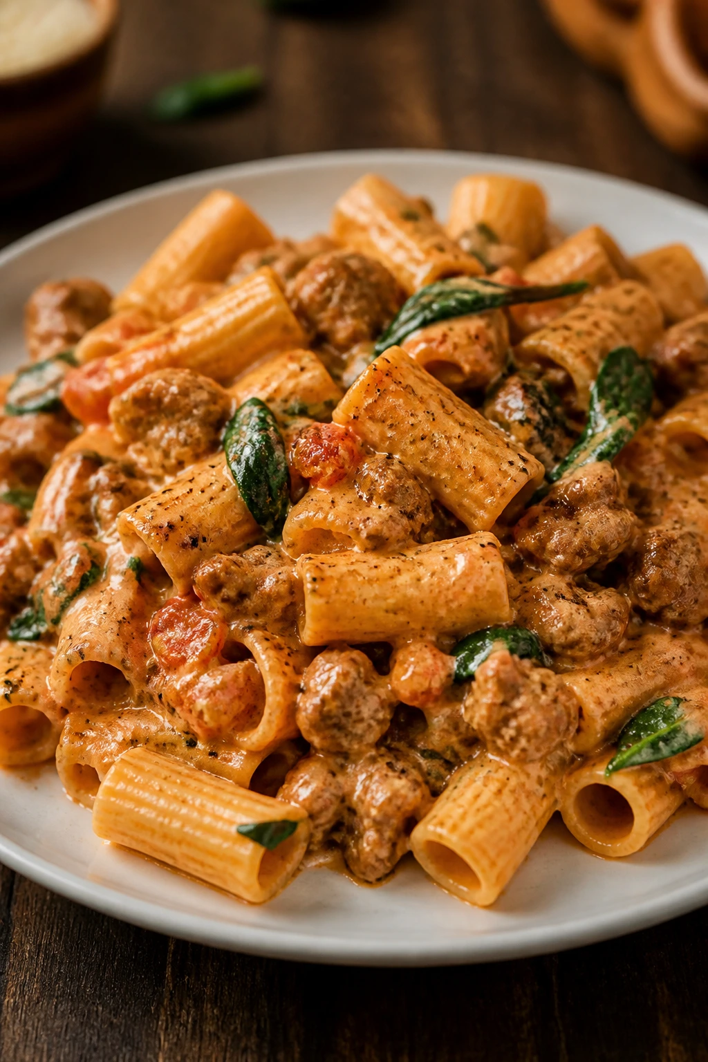 Creamy Italian sausage pasta on a rustic table