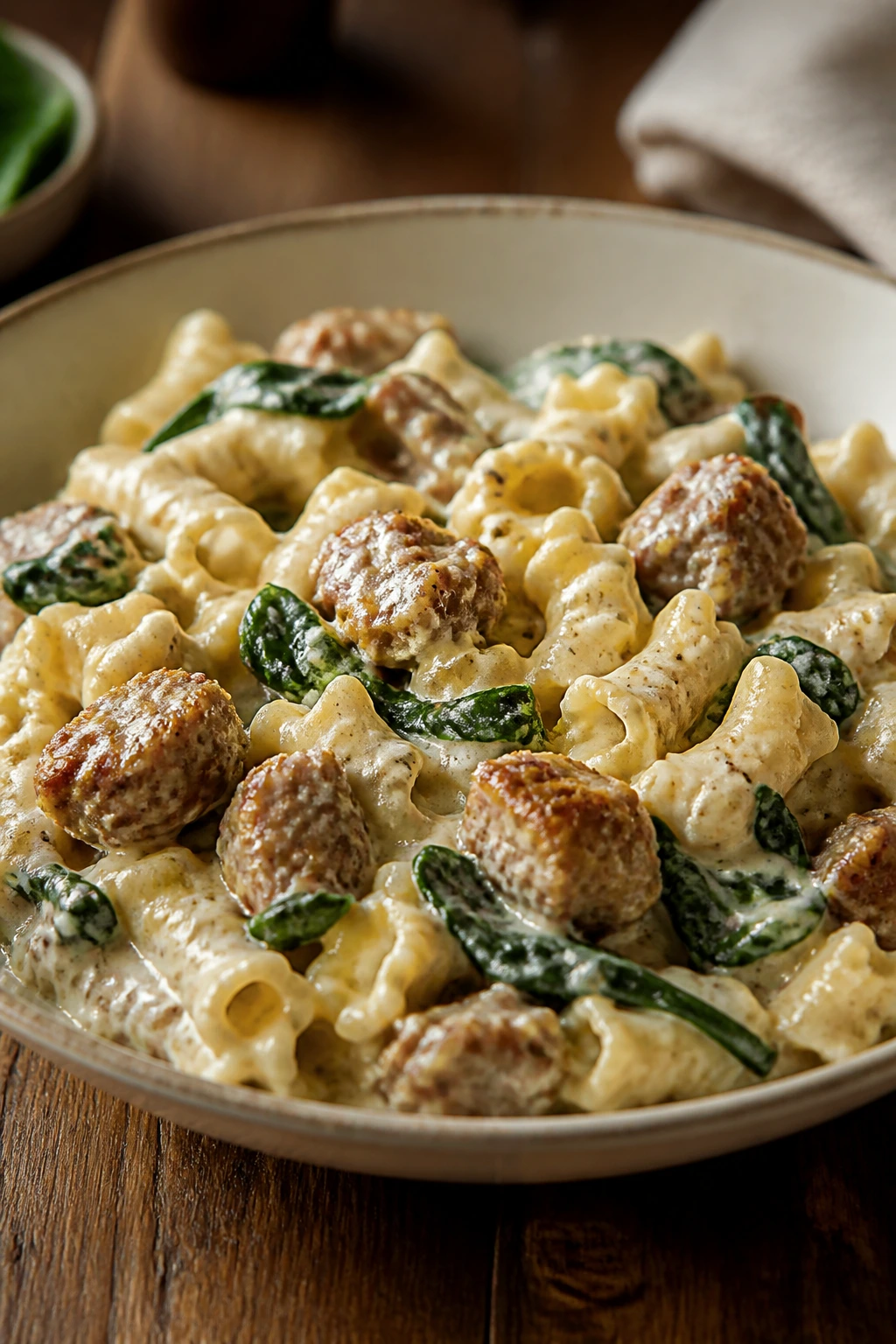 Creamy sausage and spinach pasta in a bowl on a wooden table