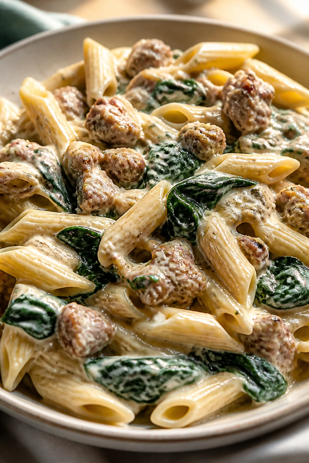 Creamy sausage and spinach pasta on plate with sausage pieces and greens