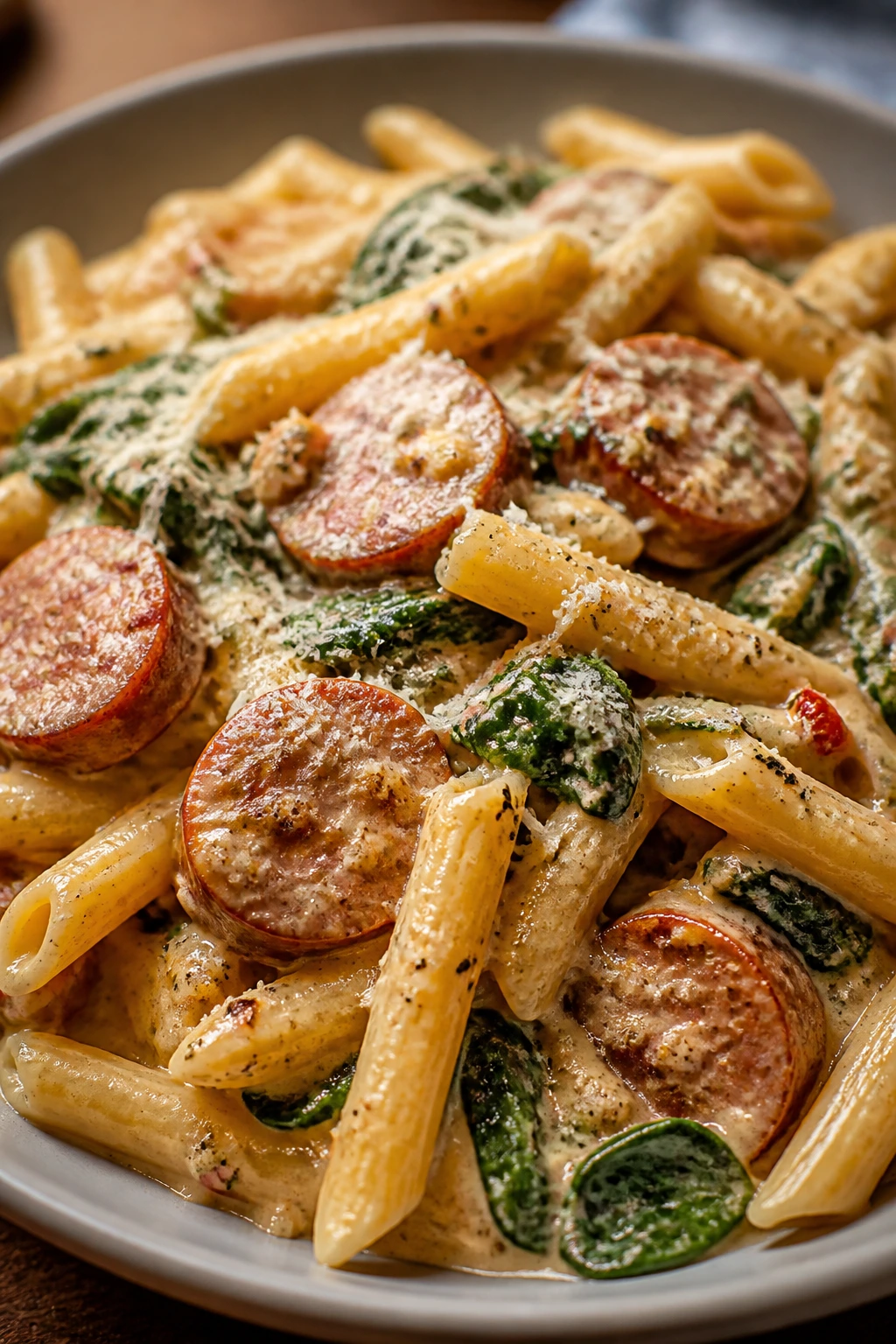 Creamy smoked sausage pasta with spinach on a plate