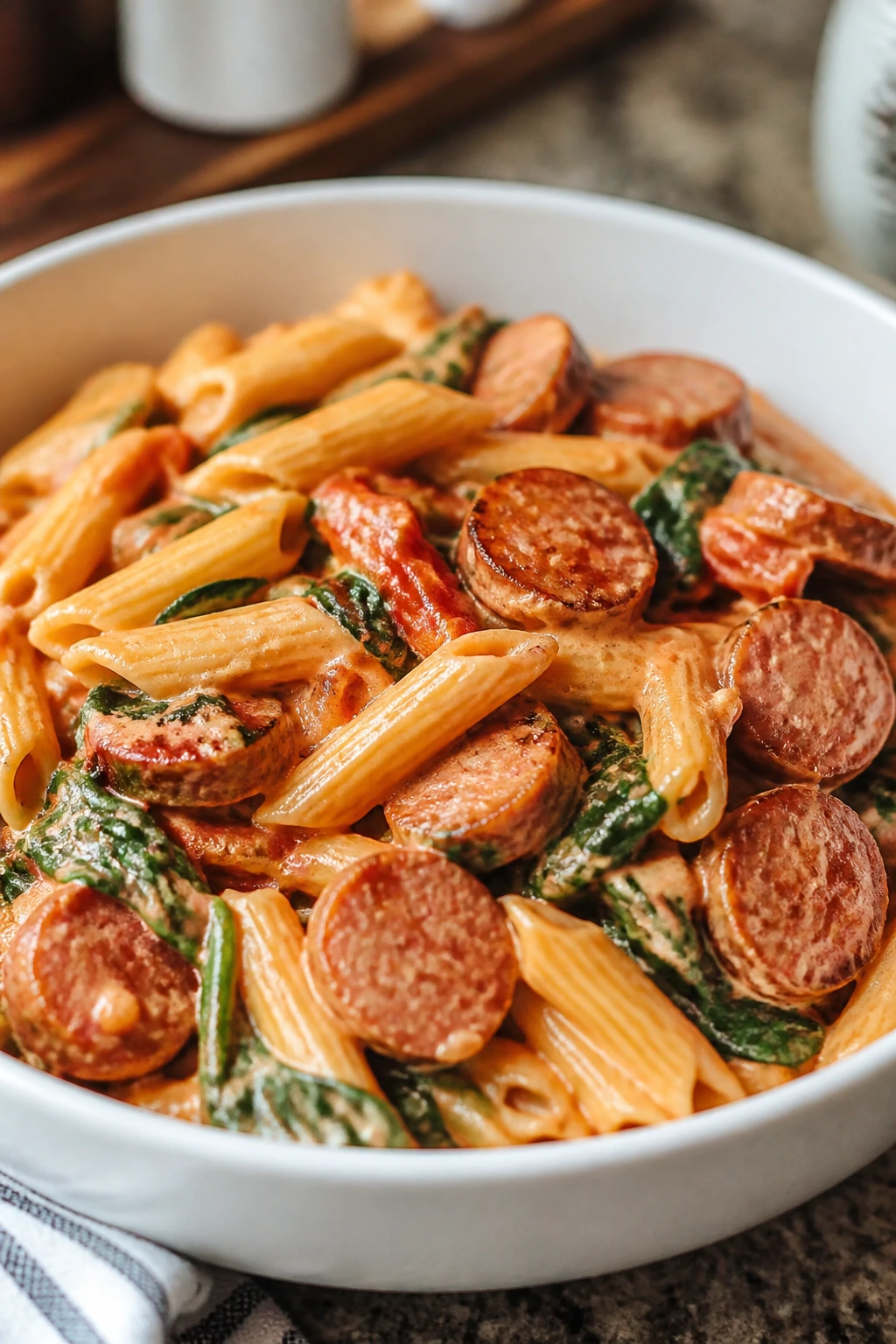 Creamy sausage pasta with tomato and spinach in a bowl