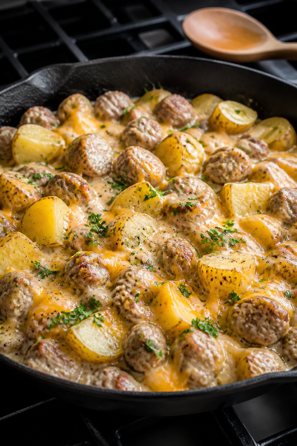 Creamy sausage and potato skillet with cheese and steam