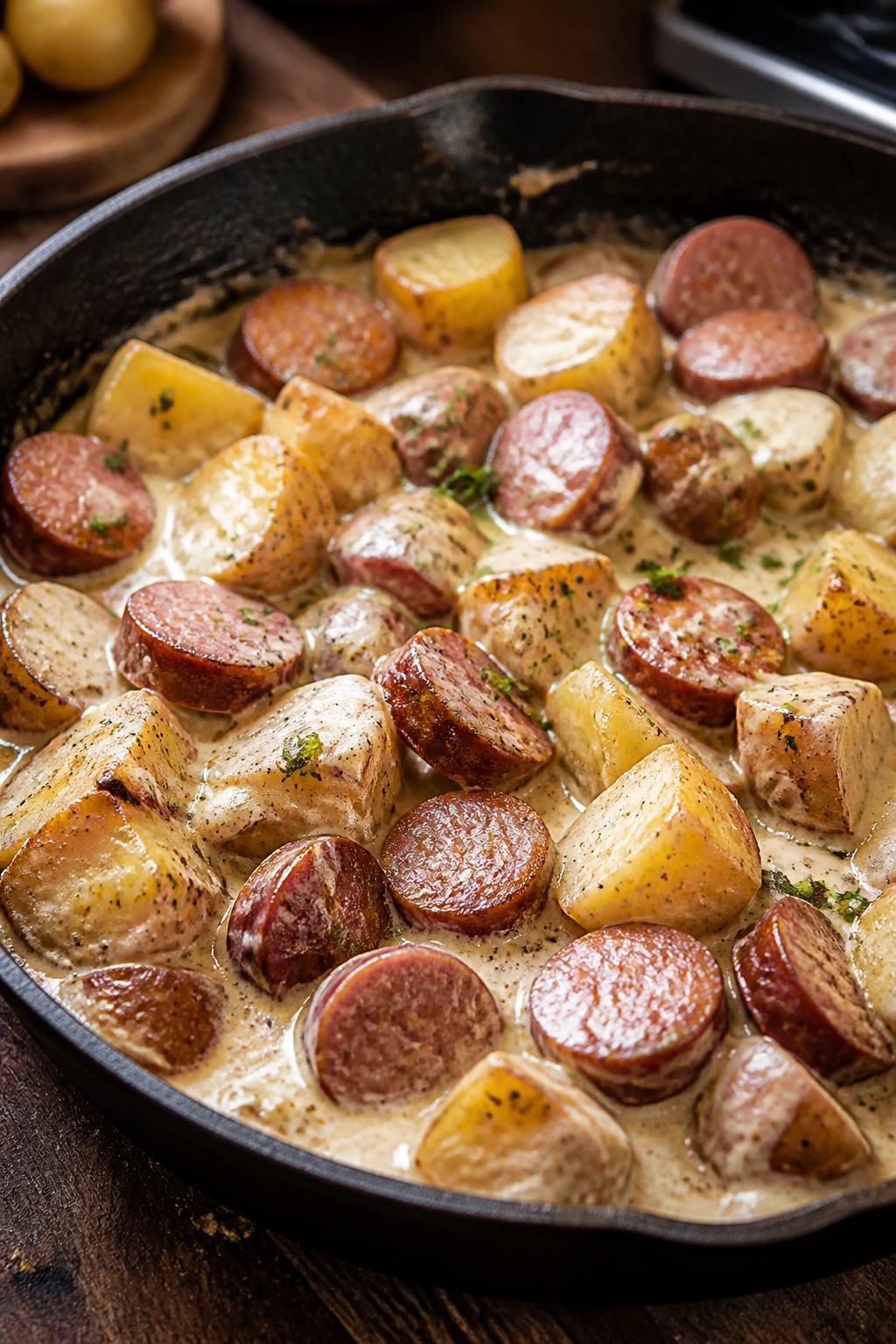 Creamy smoked sausage potato skillet in skillet