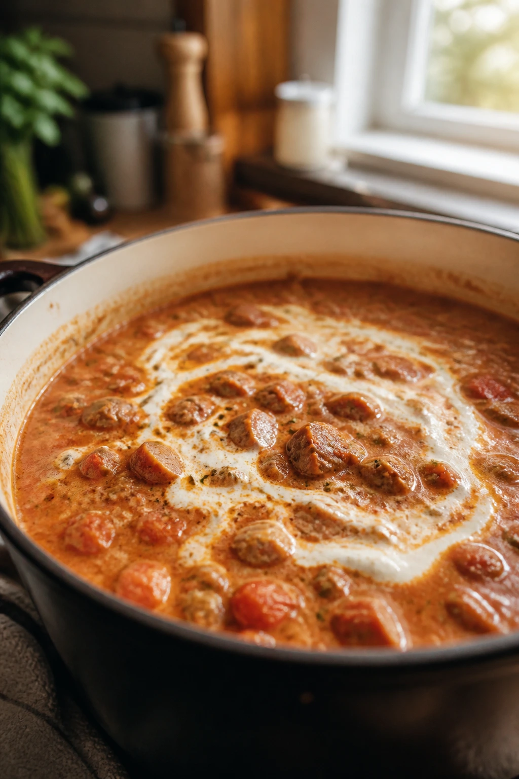 Creamy sausage soup with a cream swirl in a cozy kitchen