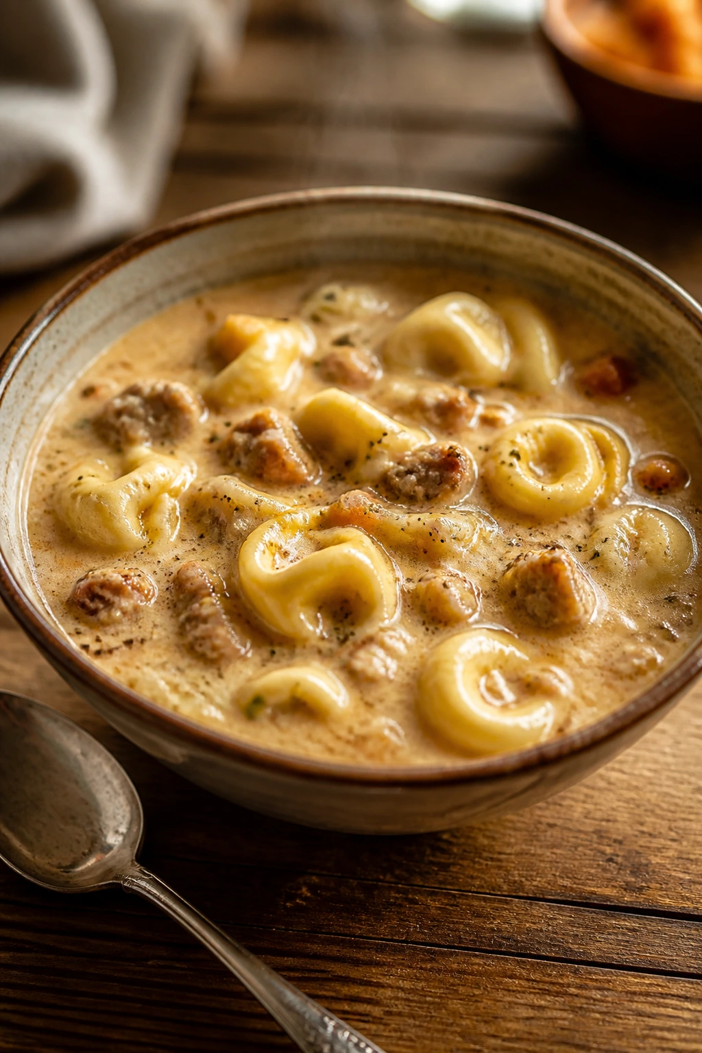 Close-up of creamy sausage tortellini soup in a rustic ceramic bowl on a wooden table