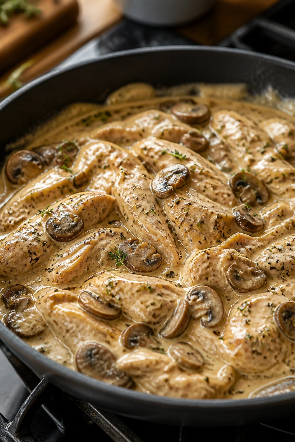Creamy mushroom thyme chicken in a skillet with a rich sauce