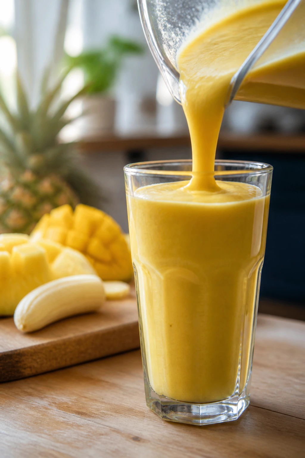 Close-up of a creamy tropical smoothie being poured into a glass