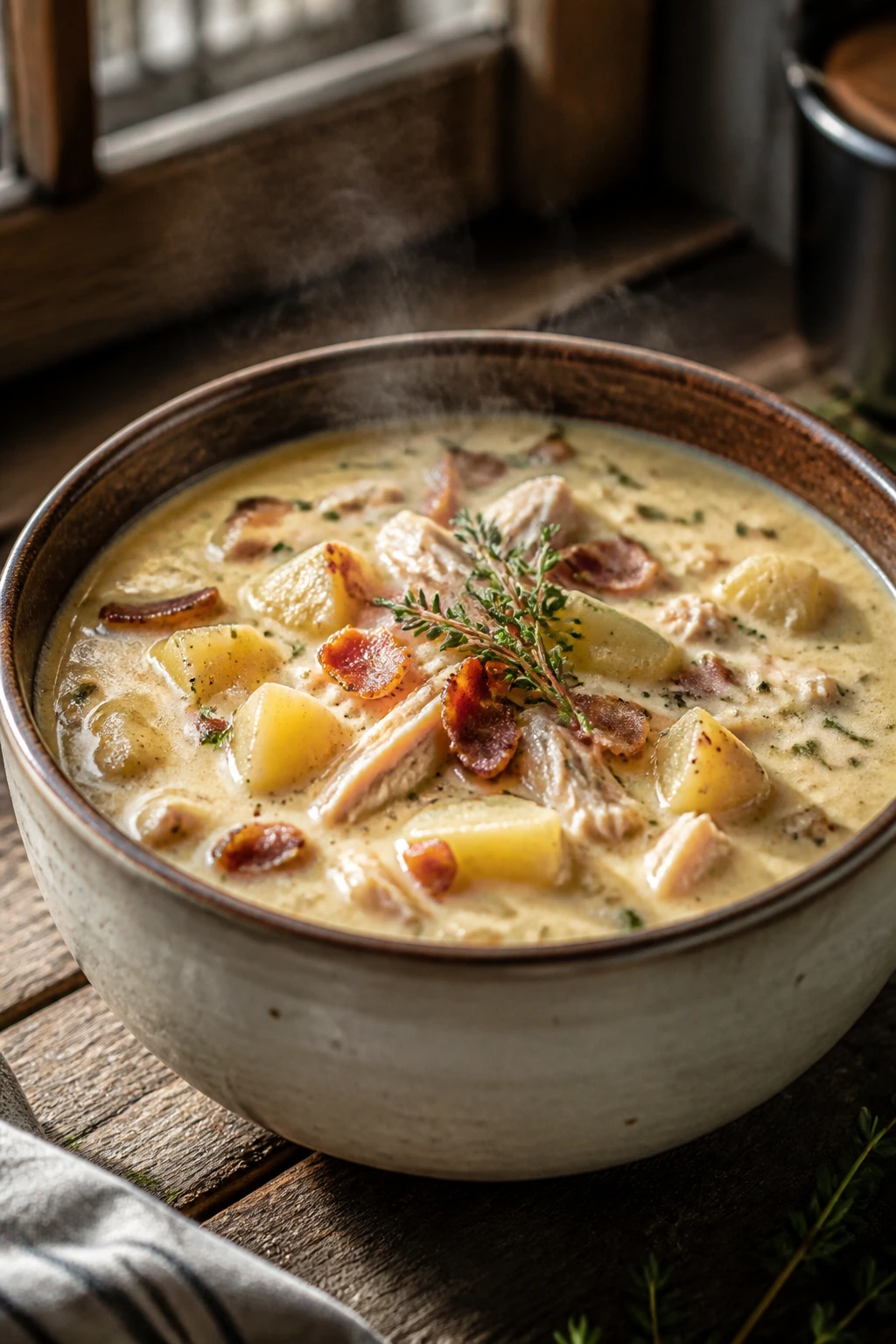 Close-up of steaming creamy soup in rustic bowl with potatoes and chicken, on wooden table