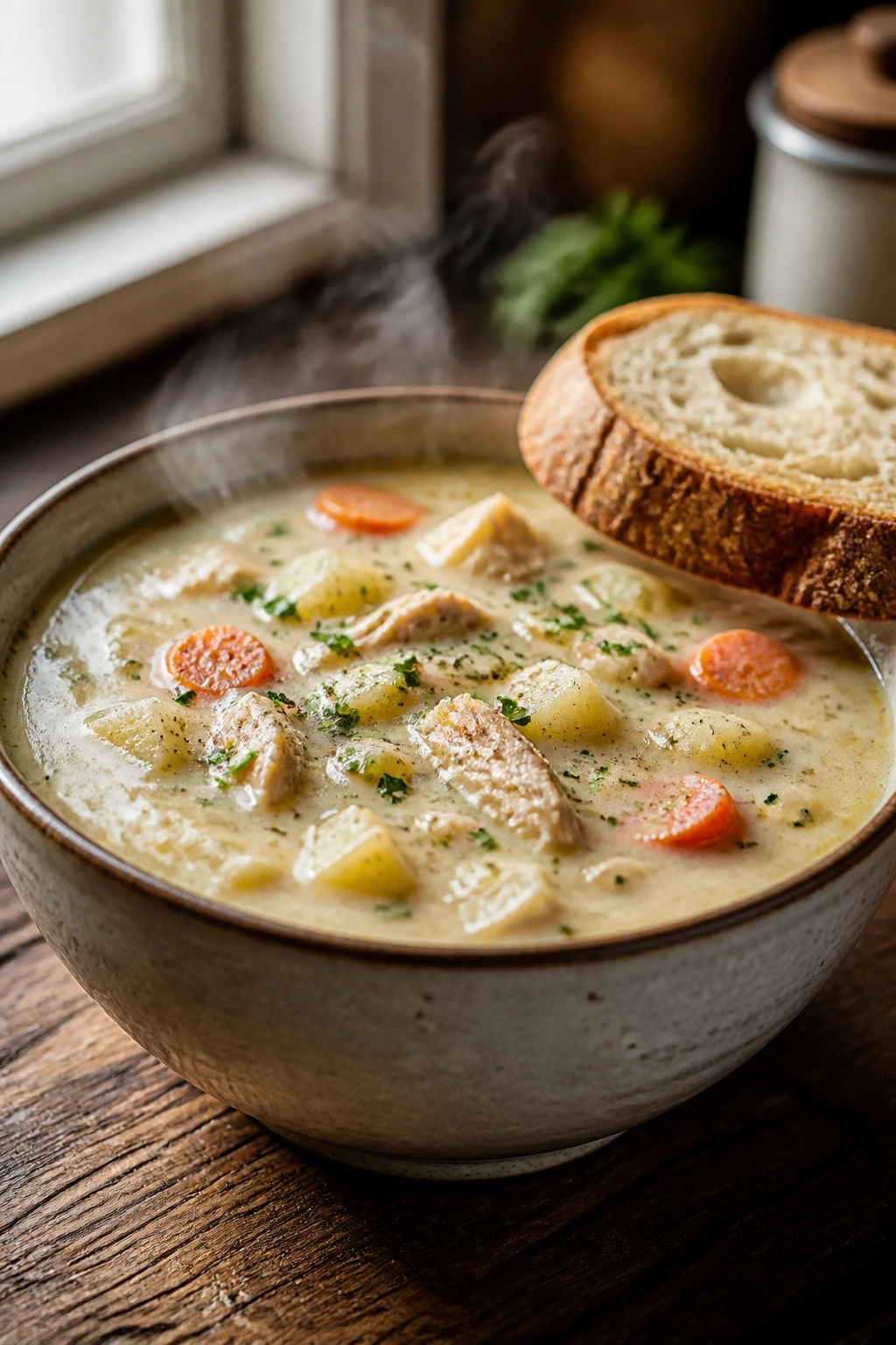 Close-up of a steaming bowl of creamy soup in a warm setting