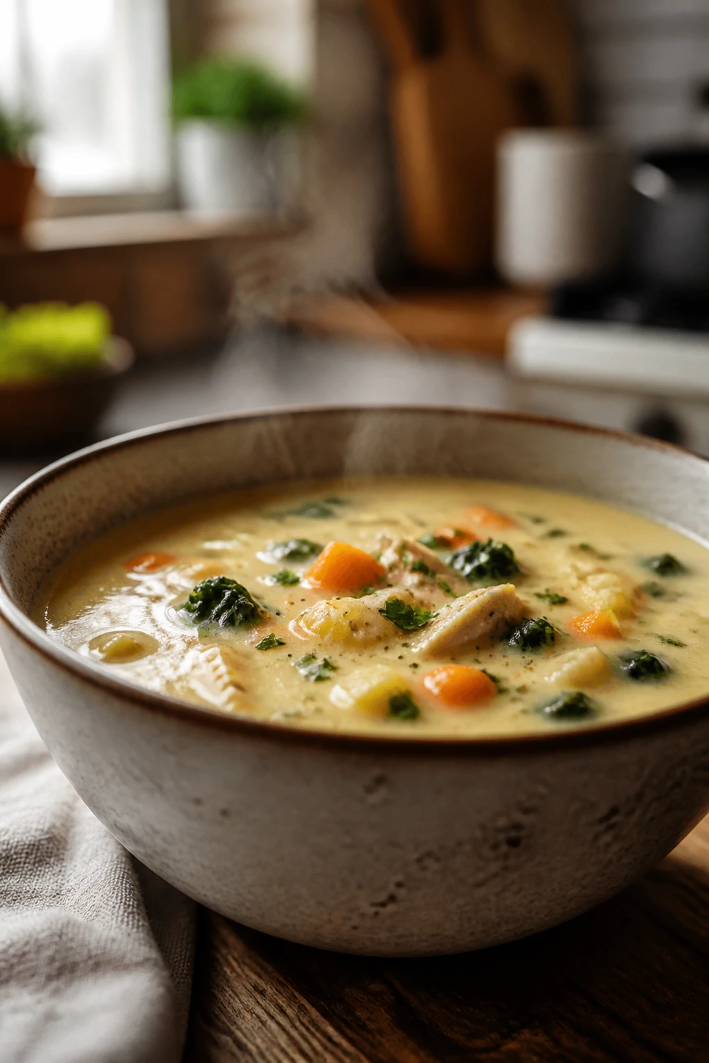 Close-up of a steaming bowl of creamy soup in a cozy kitchen
