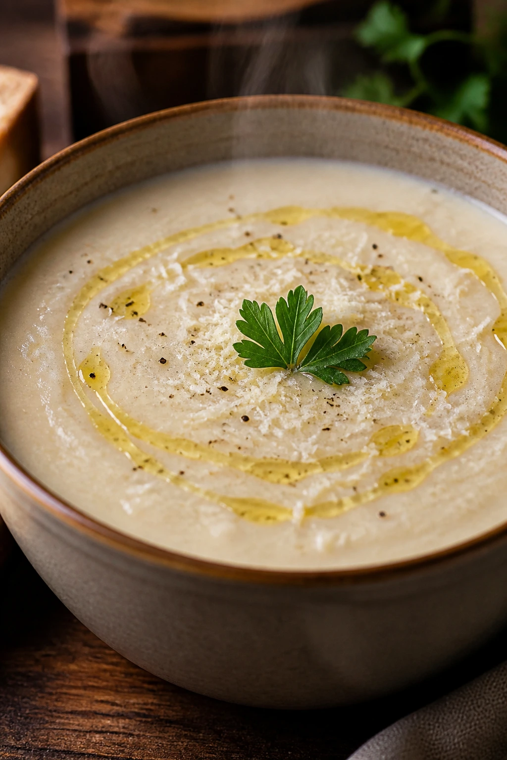 Close-up of creamy soup in a warm bowl with parsley, pepper, parmesan, and olive oil on a rustic wooden table