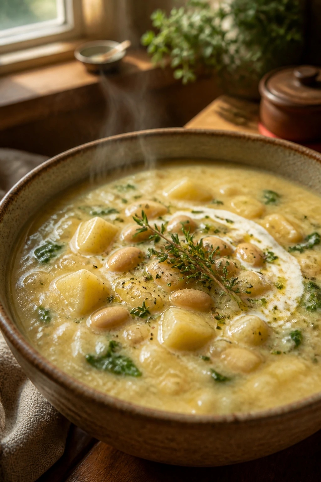 Close-up of a steaming bowl of creamy potato and cannellini soup in a rustic bowl on a wooden table
