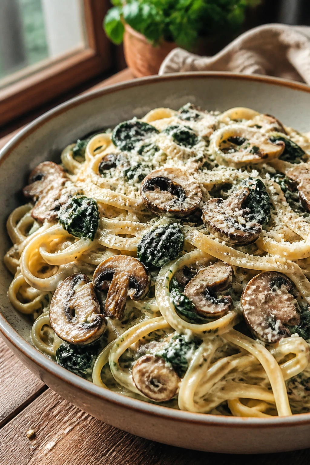 Creamy spinach mushroom pasta with parmesan on a plate