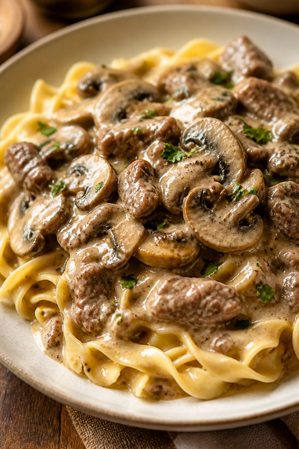 Close-up of creamy beef stroganoff with mushrooms and noodles in yogurt sauce